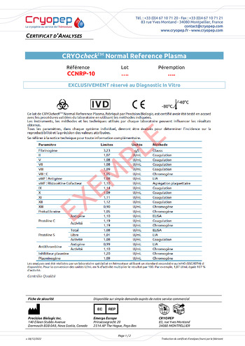 Certificat d'analyses CRYOcheck™ Normal Reference Plasma